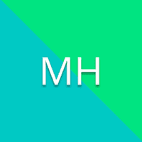 Diagonal teal and green background with "MH".
